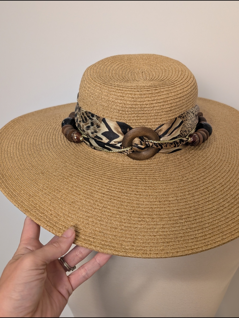 Cappelli Straw world Woven Straw Sun Hat with Animal Print Scarf And Bead Band